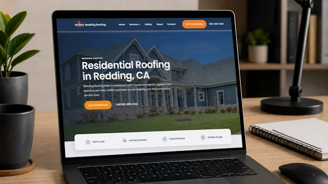 Roofing website example displayed on a laptop