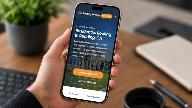Roofing website example displayed on a phone